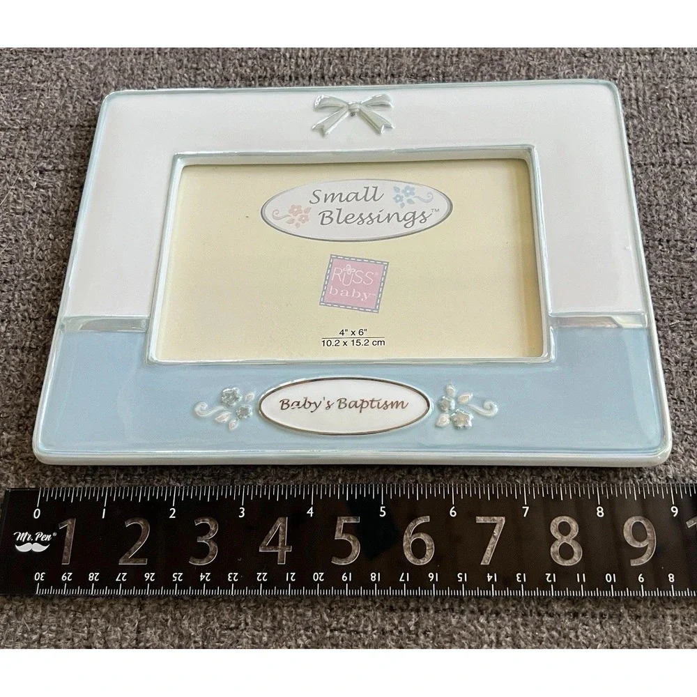 Russ Baby Small Blessings Ceramic Picture Frame Babys Baptism Blue White 4x6